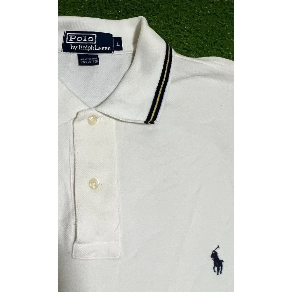 Vintage Polo Ralph Lauren Rugby Shirt L Heavy Cotton White Striped Collar Preppy